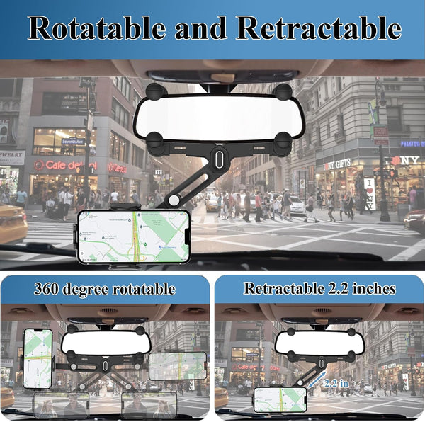 Car Phone Holder Mount, Rear View Mirror Phone Holder, Rotatable and Retractable Phone Holders for Your Car Compatible with iPhone Samsung All 4-7 Inch Cell Phones
