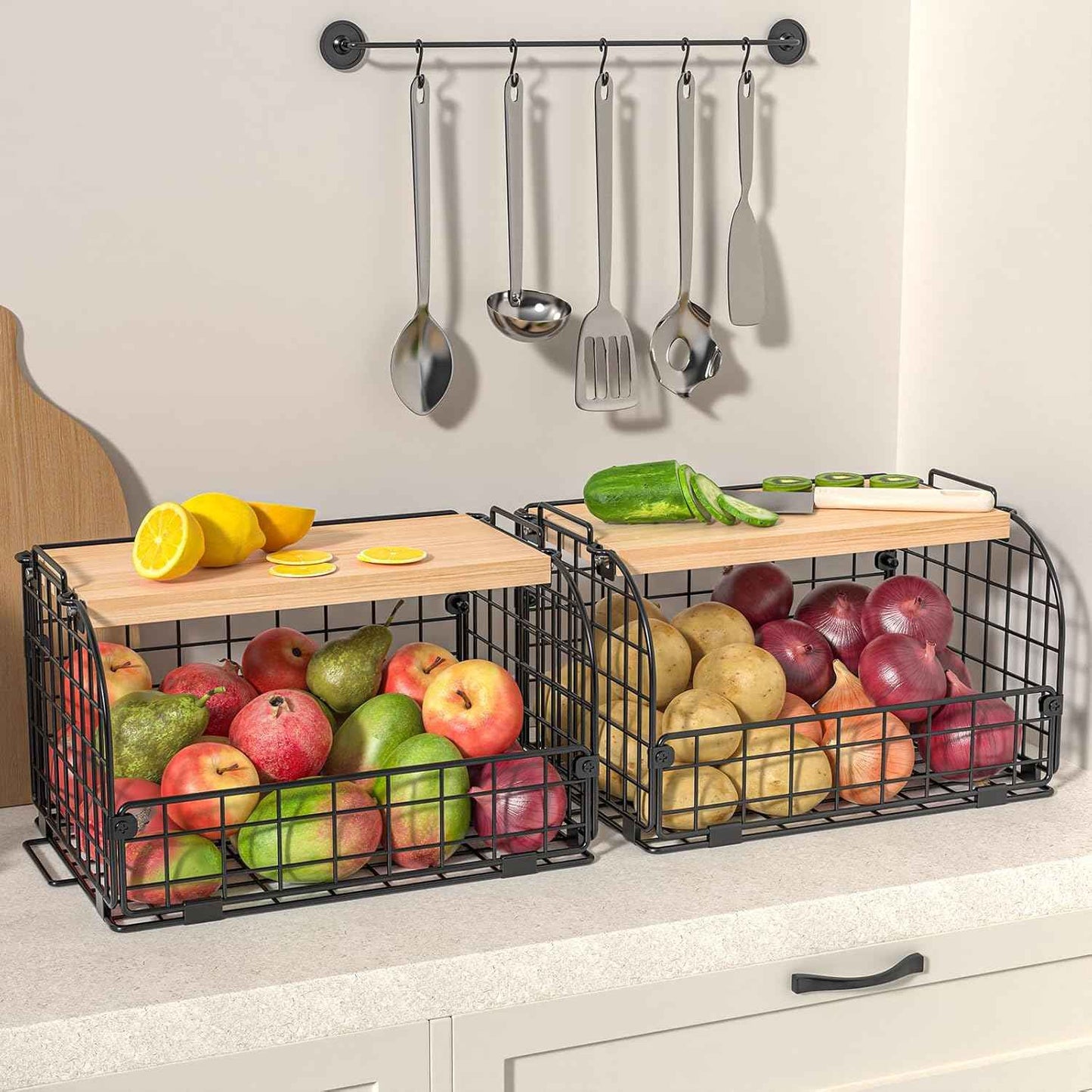 2 Set Stackable Wire Basket with Openable Top, Kitchen Counter, Pantry Organizer and Storage Produce Onion Potato Fruits Vegs Bread Food Snack Spice Organizing Bin for Cabinet Shelf Countertop Floor