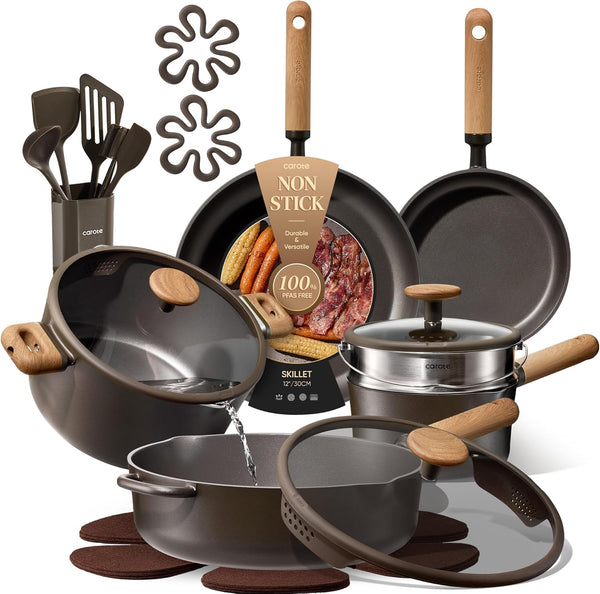CAROTE 15-piece Ceramic Cookware Set with Non-stick Coating and Utensils