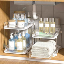 Delamu 2-Tier Multi-Purpose Bathroom Under Sink Organizers and Storage, Stackable Kitchen Pantry Organization, Pull Out Medicine Cabinet Organizer with Movable Dividers, White, 2 Pack