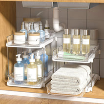 Delamu 2-Tier Bathroom Under Sink Organizer, Stackable Kitchen Pantry Storage, White, 2 Pack