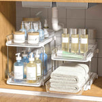 Delamu 2-Tier Bathroom Under Sink Organizer, Stackable Kitchen Pantry Organization, White, 2 Pack