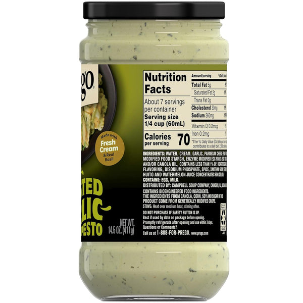 Prego Creamy Roasted Garlic Pesto Pasta Sauce, 14.5 oz Jar, No Added Sugars, Real Basil