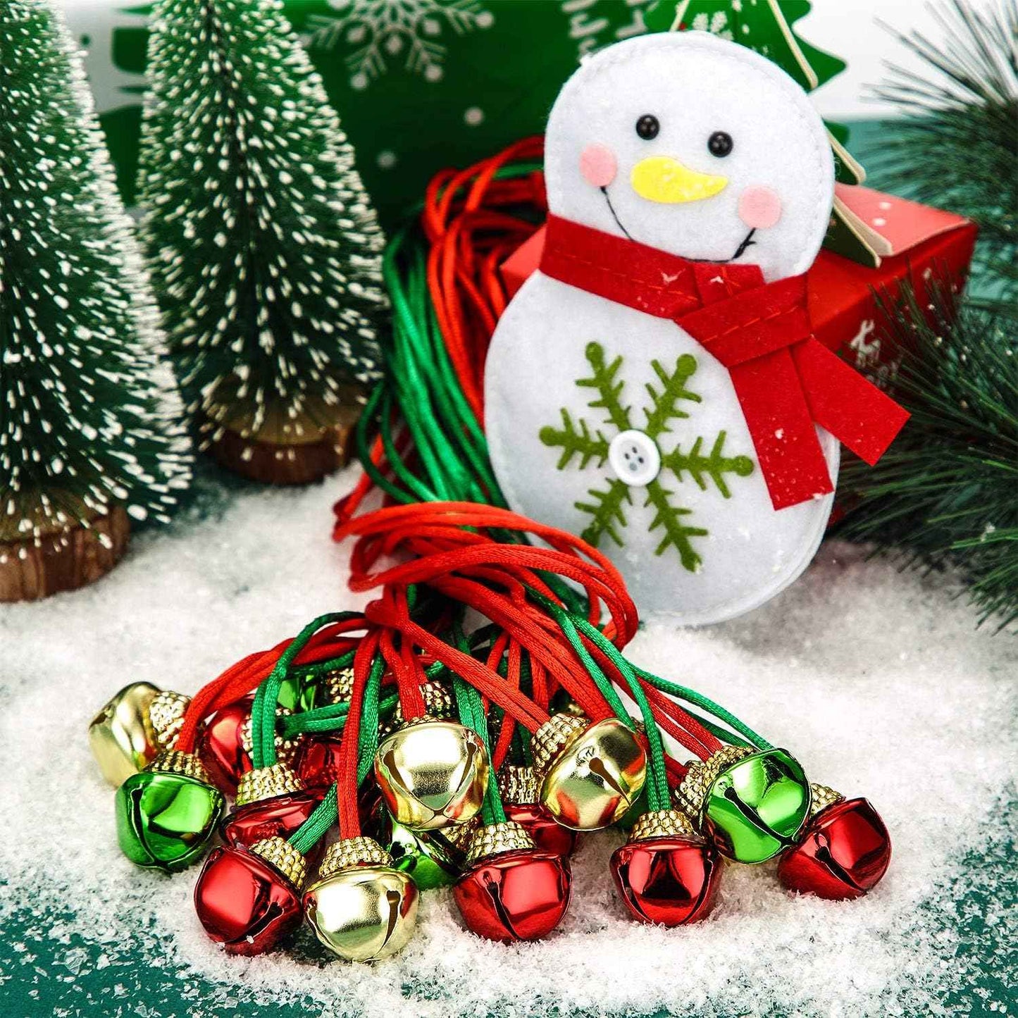 Sumind Christmas Bell Necklaces Christmas Holiday Gold Green Red Xmas Jingle Necklaces Bell with Ribbons for Craft Gift Supplies Stocking Stuffers Accessories (72 Pieces)