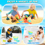 HUITEM Beach Sand Toys for Kids, 29PCS Sandbox Toys with 2 Collapsible Bucket Sand, 2 Dump Truck, Dinosaur Molds, Castle Building Kit, Shovel Sieve,Flags,Mesh Bag Travel Beach Toys for Toddler 3-10