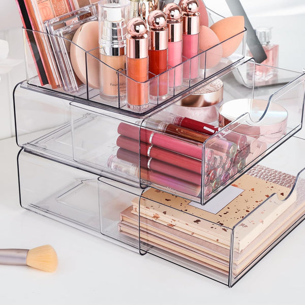3 Tier Clear Makeup Organizer with Drawer for Countertop and Bathroom Vanity
