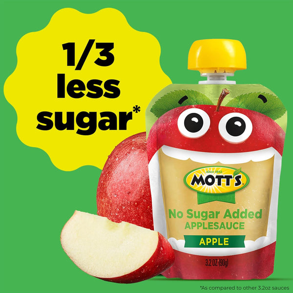 Mott's No Sugar Added Applesauce, Made from Real Fruit, No Artificial Flavors, 3.2 Oz Clear Pouches, 20 Pack