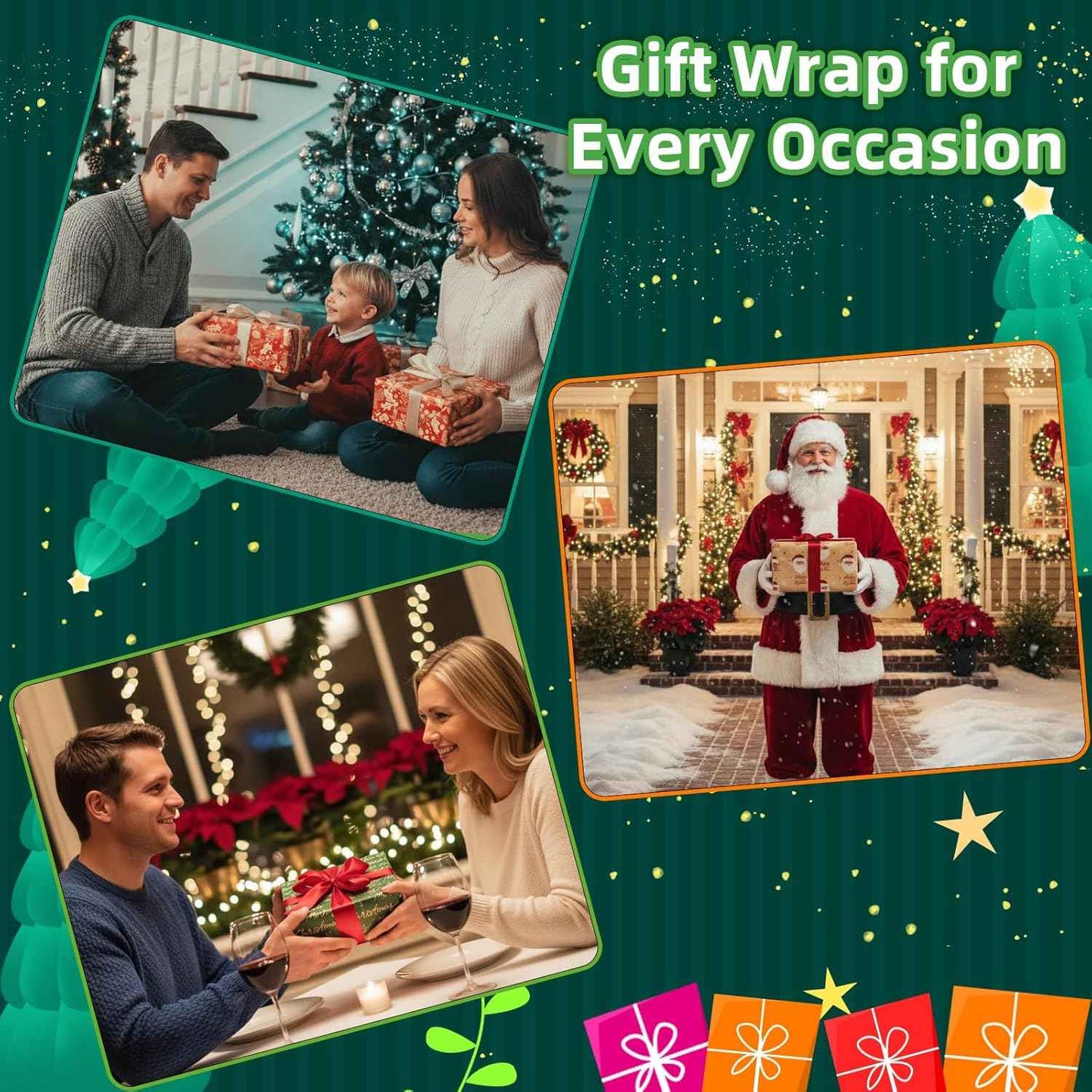 Christmas Kraft Wrapping Paper (4 Rolls, 93 sq. ft. ttl) Santa Claus, Snowflakes, Merry Christmas Script, Pinecones and Foliage Patterns for Holiday Gift Wrap - 17 Inches x 16.5 Feet Per Roll