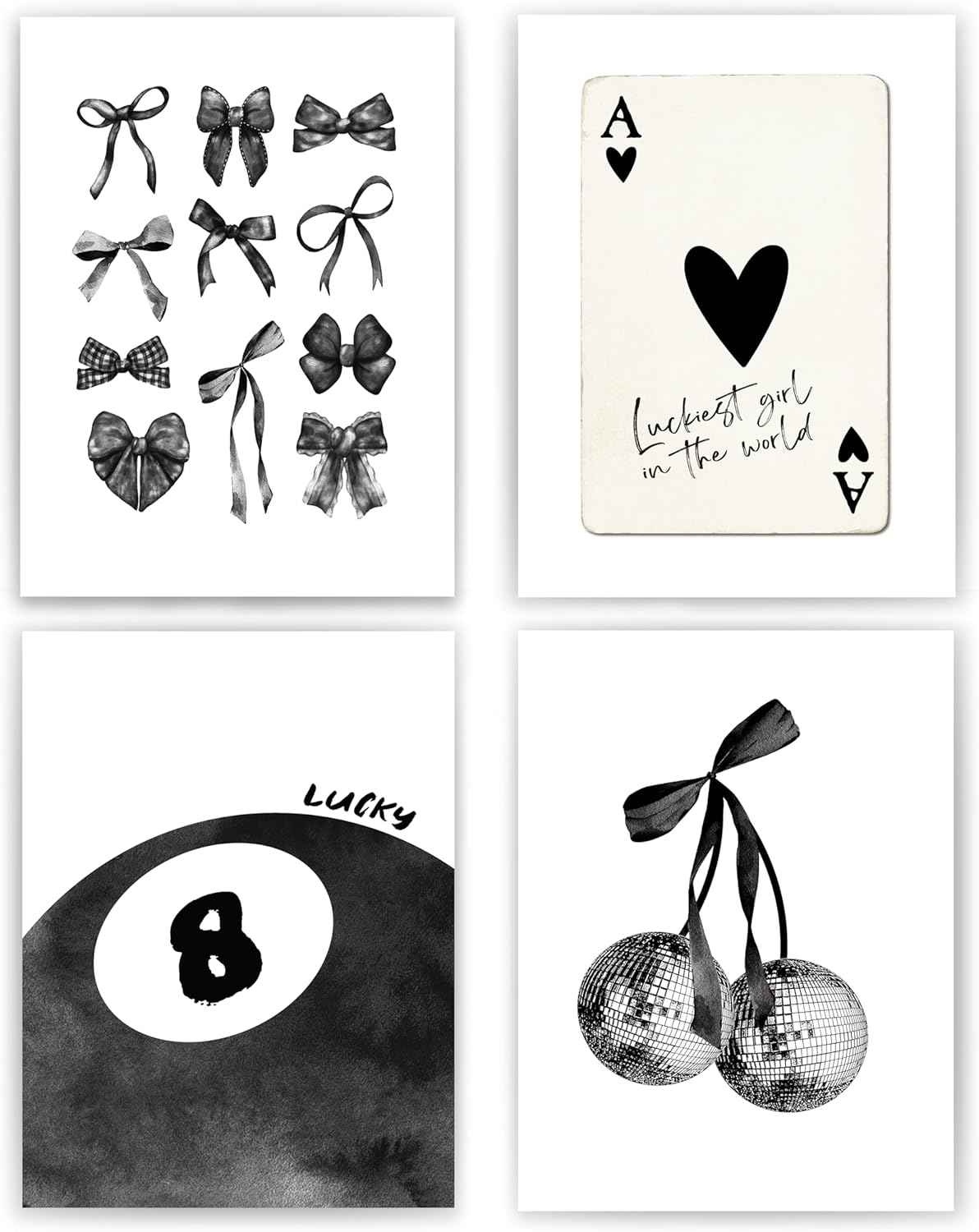 okaxscm Sage Green Coquette Trendy Preppy Wall Art Prints Set of 4, Coquette Preppy Room Decor Aesthetic, Green Bow Disco 8 Ball Cherry Wall Decor Posters for Girls Bedroom Dorm, 8x10 Unframed