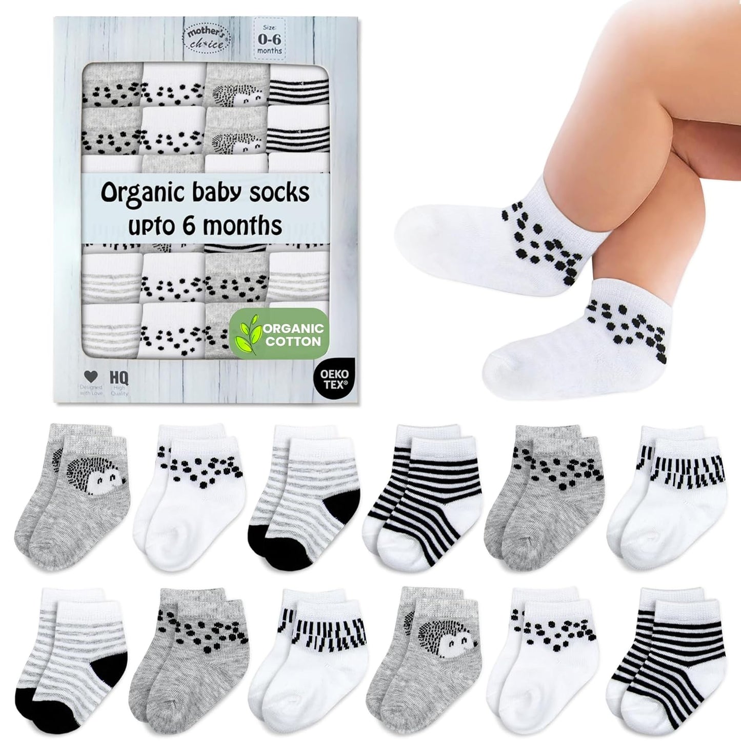 Mother's Choice Organic Cotton Baby Socks Infant 0-6 Months - 12 pairs Soft, Cozy, and Gentle Newborn Socks for Girls & Boys, Perfect Baby Registry for Everyday Wear, and Infant Comfort