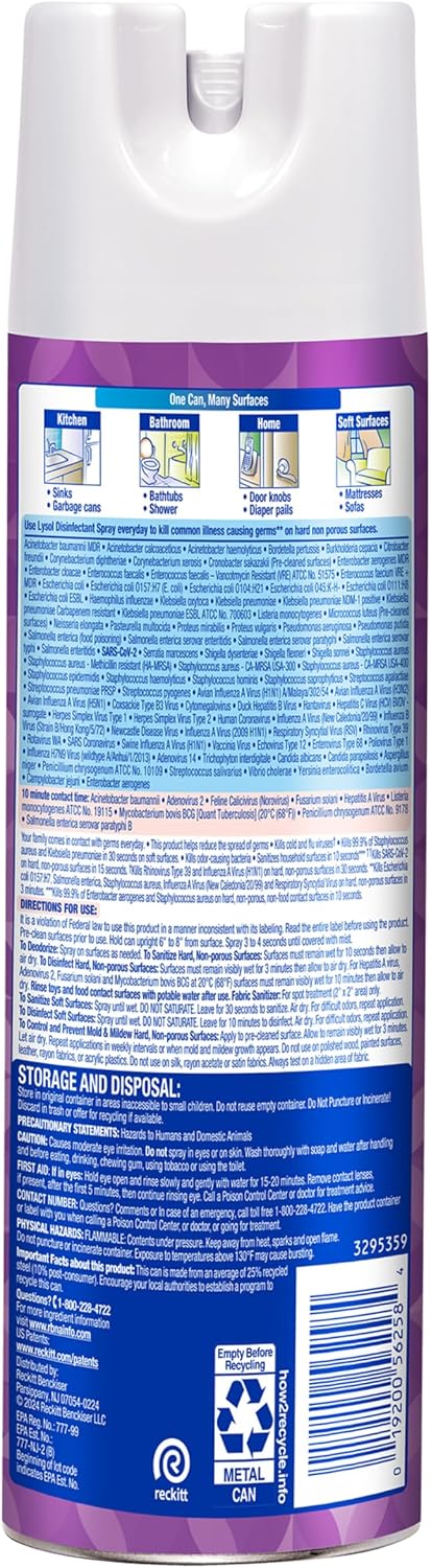 Lysol Disinfectant Spray, Household Cleaning Supplies, Disinfecting Multi-Purpose Room Spray, Antibacterial Sanitizer, Deodorizer, Kills Hantavirus, Lavender & Cotton Blossom, 19 Fl Oz (Pack of 2)