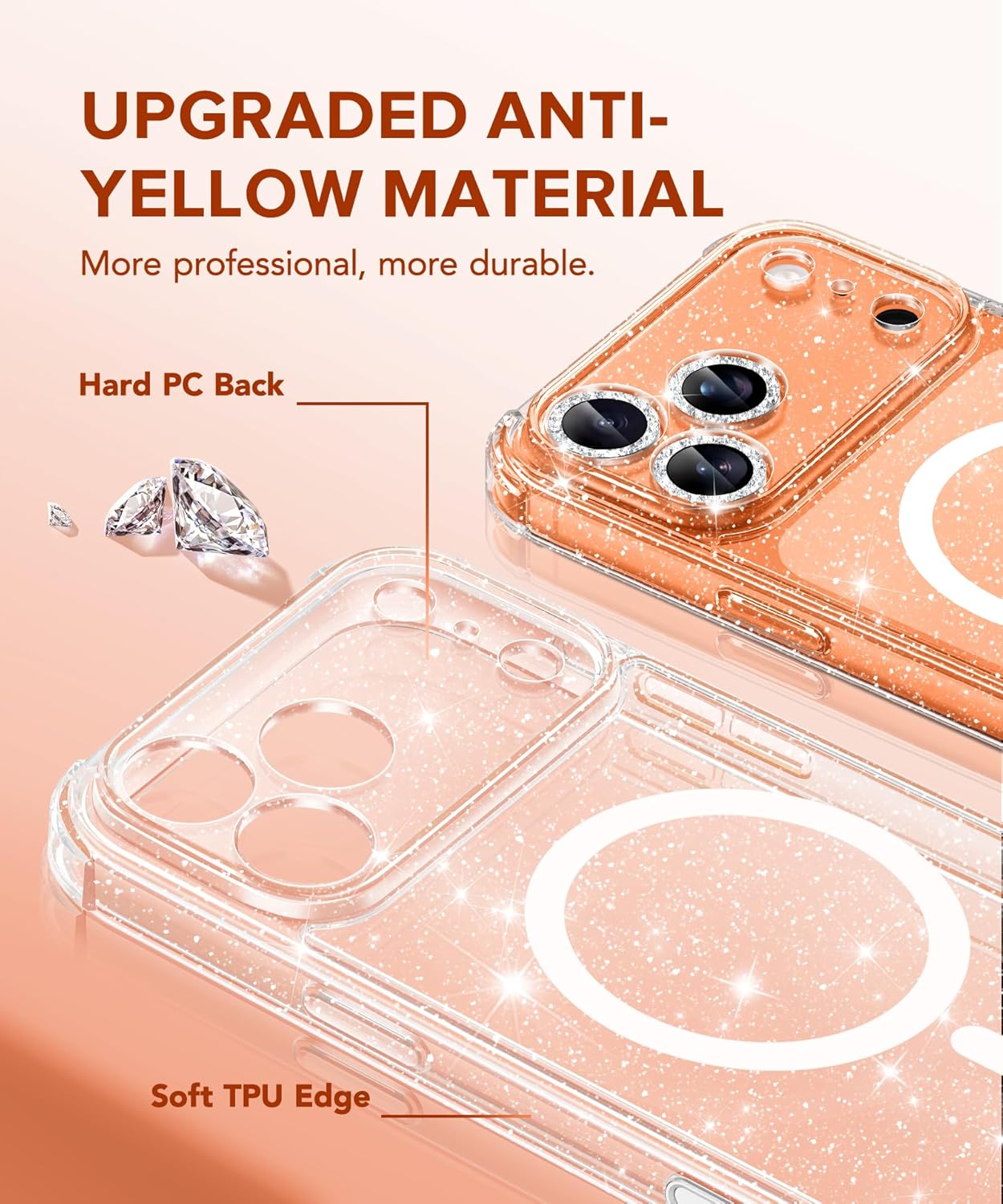 BERFY for iPhone 17 Pro Case for Women, Compatible with MagSafe, Clear Glitter Shockproof Protective Case, Anti-Yellowing, with Screen Protector & 3 Diamond Camera Lens Covers 6.3", Sparkle Clear - Rayz Mart