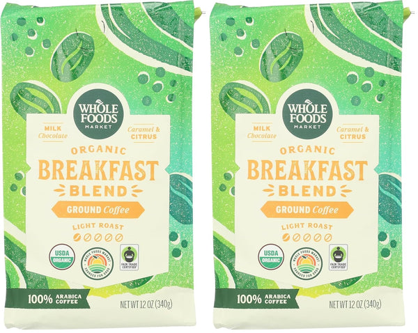 Whole Foods Market, Organic Breakfast Blend Ground Coffee, Light Roast, Milk Chocolate, Caramel & Citrus, 12 Ounce Bag, Resealable Closure