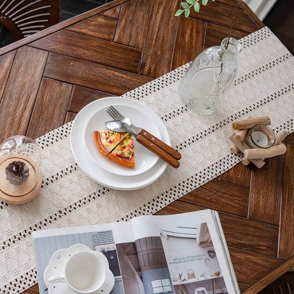 Alynsehom Macrame Table Runner Cream Beige Boho Table Runners with Tassels Hand Woven Cotton Table Runner Rustic Farmhouse Table Runners for Bohemian Kitchen Dining Table(12x71in)