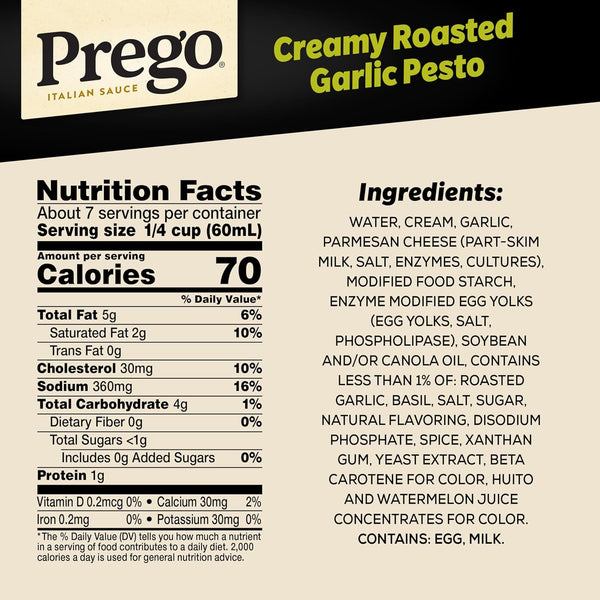 Prego Creamy Roasted Garlic Pesto Pasta Sauce, 14.5 oz Jar, No Added Sugars, Real Basil