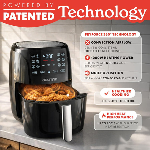 Gourmia Air Fryer - 6 Qt Large Capacity, FryForce 360º, Digital Display with 12 Presets, Roast, Bake, Broil, Dehydrate, Dishwasher Safe Accessories, Black