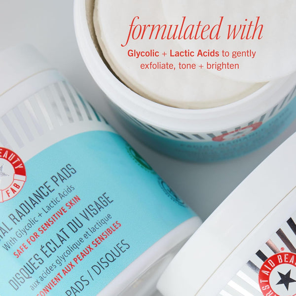 First Aid Beauty facial radiance pads with glycolic lactic acids daily exfoliating pads for sensitive skin compostable one-step makeup prep 28 count