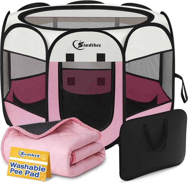Dog Cat Playpen, Puppy Pet Playpen Indoor for Small Dogs Tent Crates Cage Outdoor, Portable Pop Up Dog Kennel Playpen with Carrying Case for Dogs/Cats/Rabbits, Removable Zipper Top, Grey