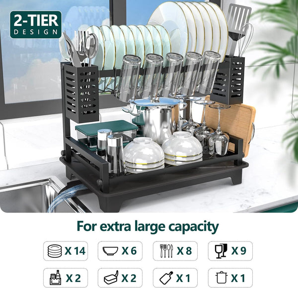 Large capacity 2-tier dish drying rack with stainless steel construction