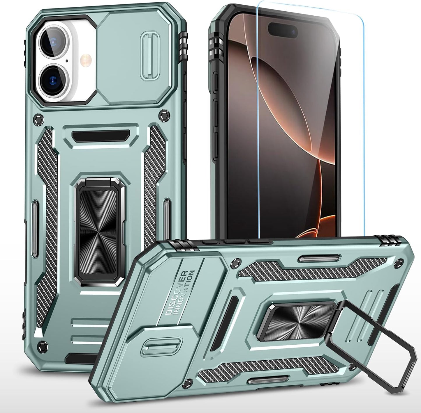 SunStory Phone Case for iPhone 16 6.1" with HD Screen Protector | Slide Camera Cover | Rotated Ring Kickstand | Military-Grade Protection | Red