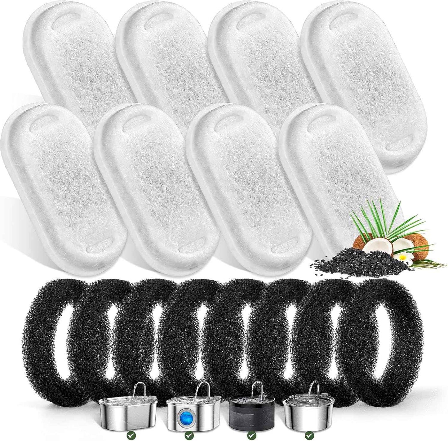 Cat Water Fountain Filters for Stainless Steel 67oz/2L Adjustable Water Flow Pet Fountain, 8 Pack Pet Replacement Filters with 8 Sponges