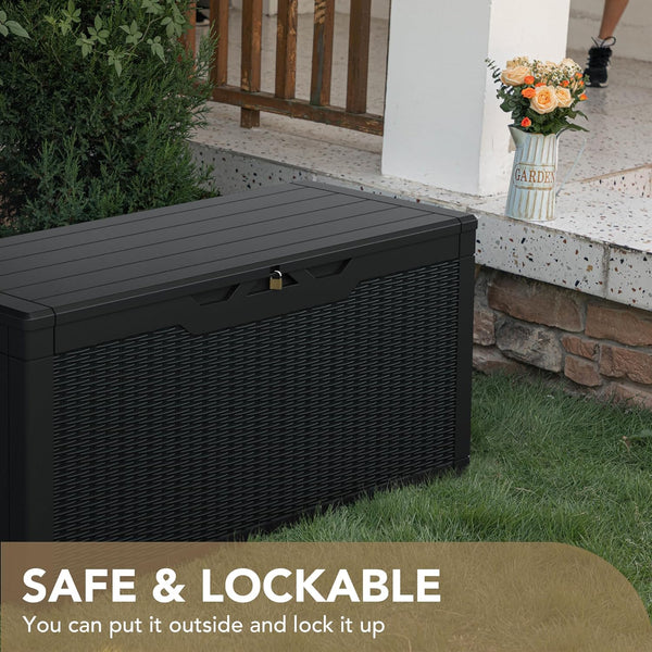 100 Gallon Waterproof Resin Deck Box for Patio Furniture and Garden Tools