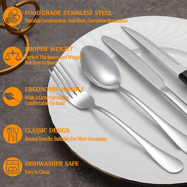 MUTNITT Stainless Steel Silverware Set for 4 with Steak Knives, Dishwasher Safe, Mirror Polished Cutlery Utensil Set