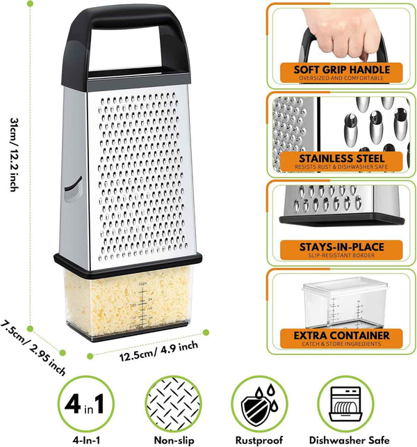 Urbanstrive 18/8 Stainless Steel Cheese Grater with Container Box, Zester, and Dishwasher Safe Kitchen Gadgets