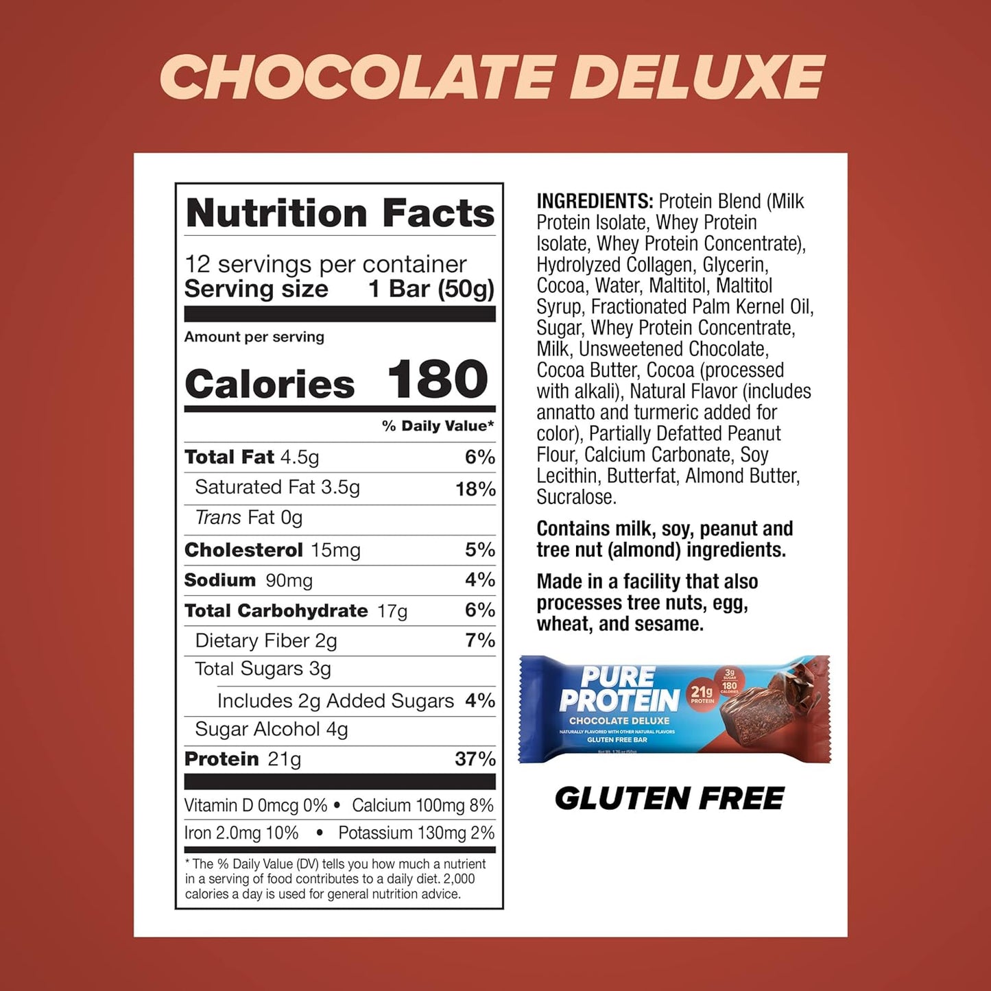 Pure Protein Chocolate Deluxe Protein Bars – 20g Protein, 3g Sugar, 190 Calories (12 count) Low Sugar* High Protein Snack - Gluten Free - Perfect for a Healthy Snack
