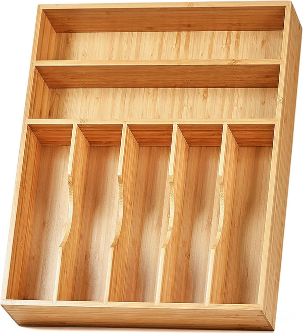 Bamboo kitchen drawer organizer with 7 slots and 6 silicone feet