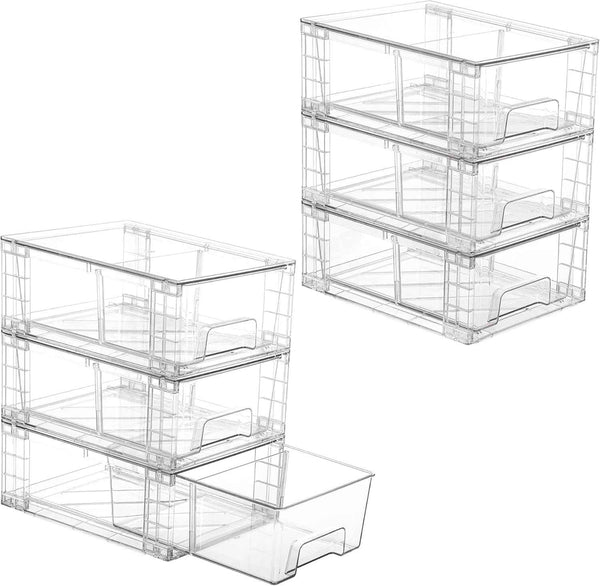 Vtopmart 4 Pack Stackable Storage Drawers,Clear Acrylic Drawer Organizers with Handles, Easily Assemble for Fridge, Bathroom,Kitchen Undersink,Cabinet,Pantry Organization and Storage