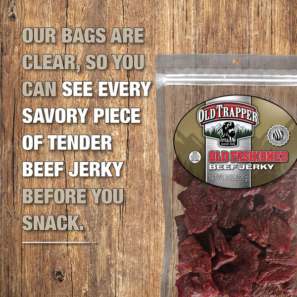 Old Trapper Beef Jerky, 8 Ounce Bag, Tender Meat Snacks for Lunches or Between Meals
