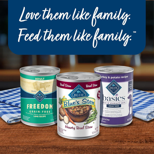 blue buffalo blue's stew grain-free wet dog food, hearty beef and country chicken variety pack, 12.5-oz cans, 6 count