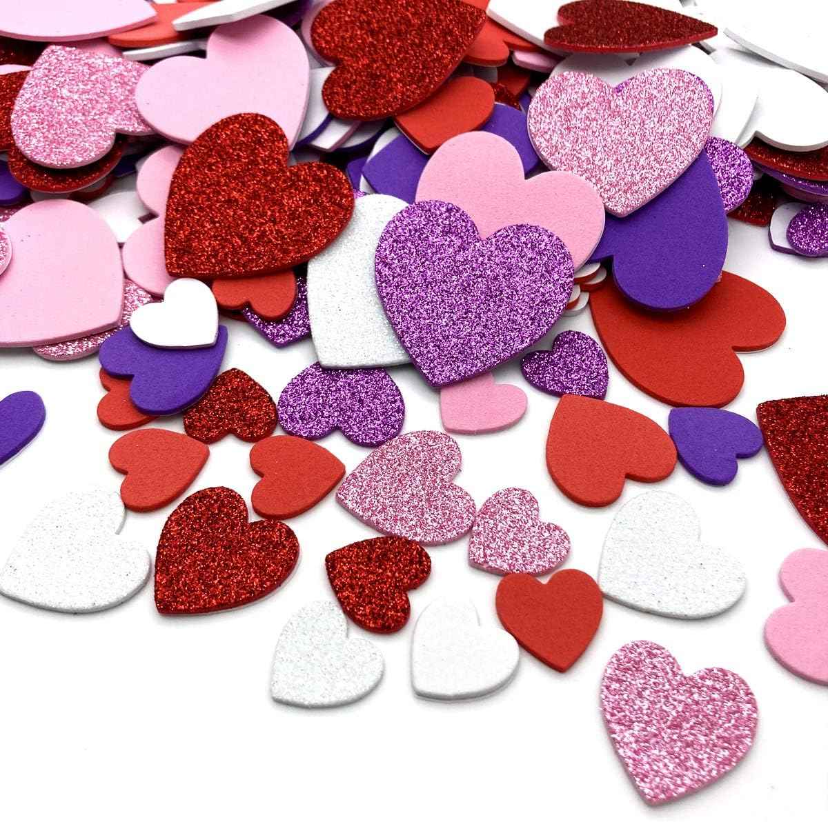 360 Pcs Heart Stickers Self Adhesive Foam Hearts 3 Sizes 4 Colors Heart Shaped Decals in Glitter and Matte Red Pink White Purple for Valentine's Day Crafts Décor DIY Greeting Cards Mother's Day Cards