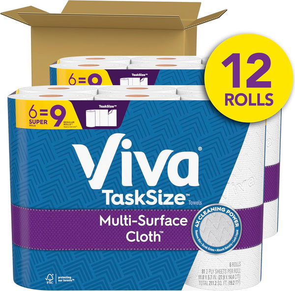 Viva Multi-Surface Cloth Paper Towels, Task Size, 12 Super Rolls (2 Packs of 6), 81 Sheets Per Roll
