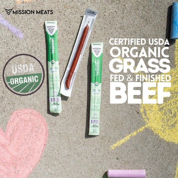 Organic Beef Sticks - Grass Fed, Zero Sugar, Non-GMO, Individually Wrapped Meat Snacks