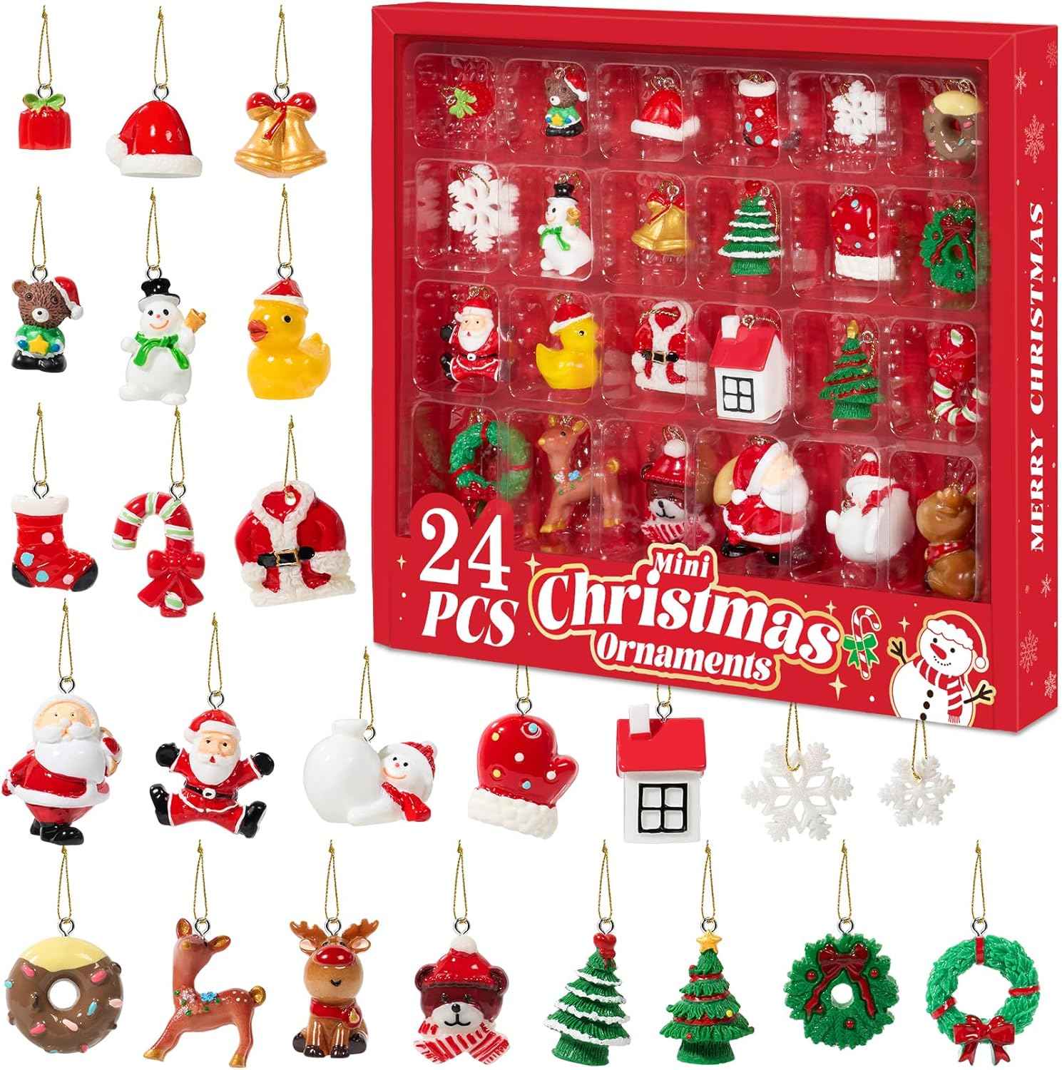 Mini Christmas Ornaments, Sooez Set of 24 Cute Miniature Resin Christmas Tree Ornament Figures Advent Calendar Fillers, Durable & Well-Crafted 3-D Figurines with Gold Loops for Easy Hanging