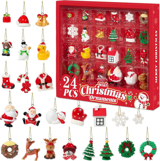 Mini Christmas Ornaments, Sooez Set of 24 Cute Miniature Resin Christmas Tree Ornament Figures Advent Calendar Fillers, Durable & Well-Crafted 3-D Figurines with Gold Loops for Easy Hanging
