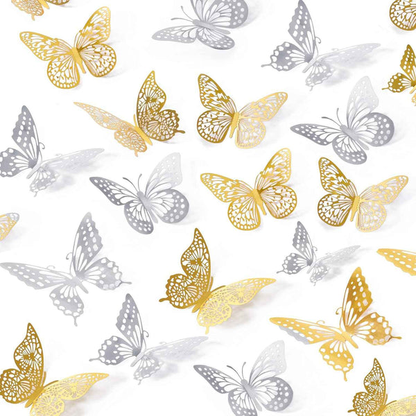 SAOROPEB 3D Butterfly Wall Decor - 48 Pcs, 4 Styles, 3 Sizes, Gold Butterfly Decorations for Birthday & Party Celebrations, Removable Stickers