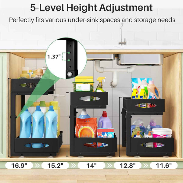 Under Sink Organizer with 2 Tier Pull-Out Cabinet Organizer Baskets and Mesh Sliding Drawers for Home, Kitchen, Bathroom, Pantry, Office