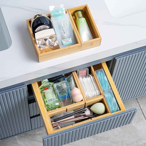 Fabsome bamboo wood set of 9 drawer organizer for kitchen, makeup, desk, and bathroom storage