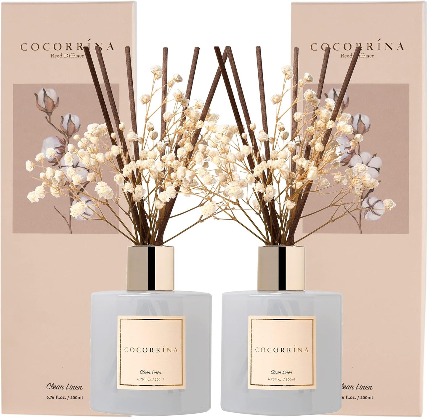 Cocorrína Premium Reed Diffuser Set with Preserved Baby's Breath & Cotton Stick Cashmere Vanilla | 6.7 fl oz Scent Fragrance Oil Diffuser for Bedroom Bathroom Home Décor