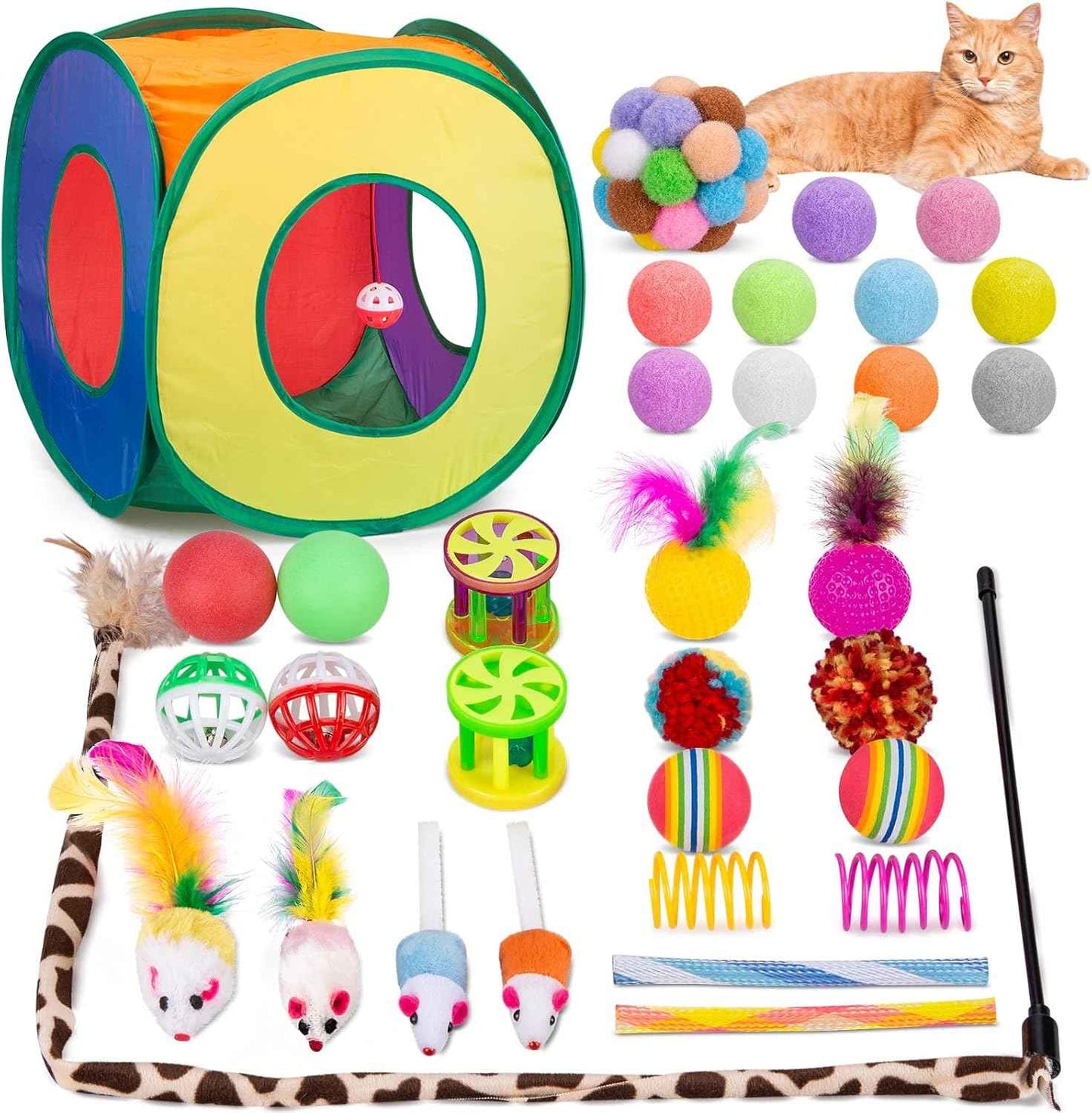 Retro Shaw Cat Toys Pack 33Pcs, Interactive Kitten Toys for Indoor Cats Kitty with Collapsible Play Tunnel Tube Tent Feather Wand Teaser Bell Fuzzy Ball Springs Mouse Toy