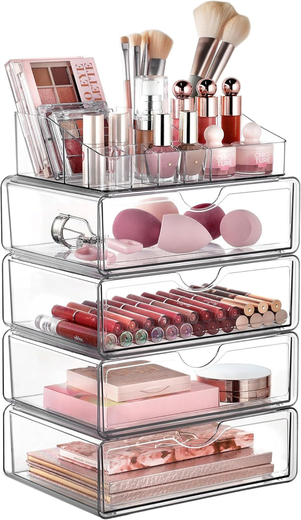 3 Tier Clear Makeup Organizer with Drawer for Countertop and Bathroom Vanity