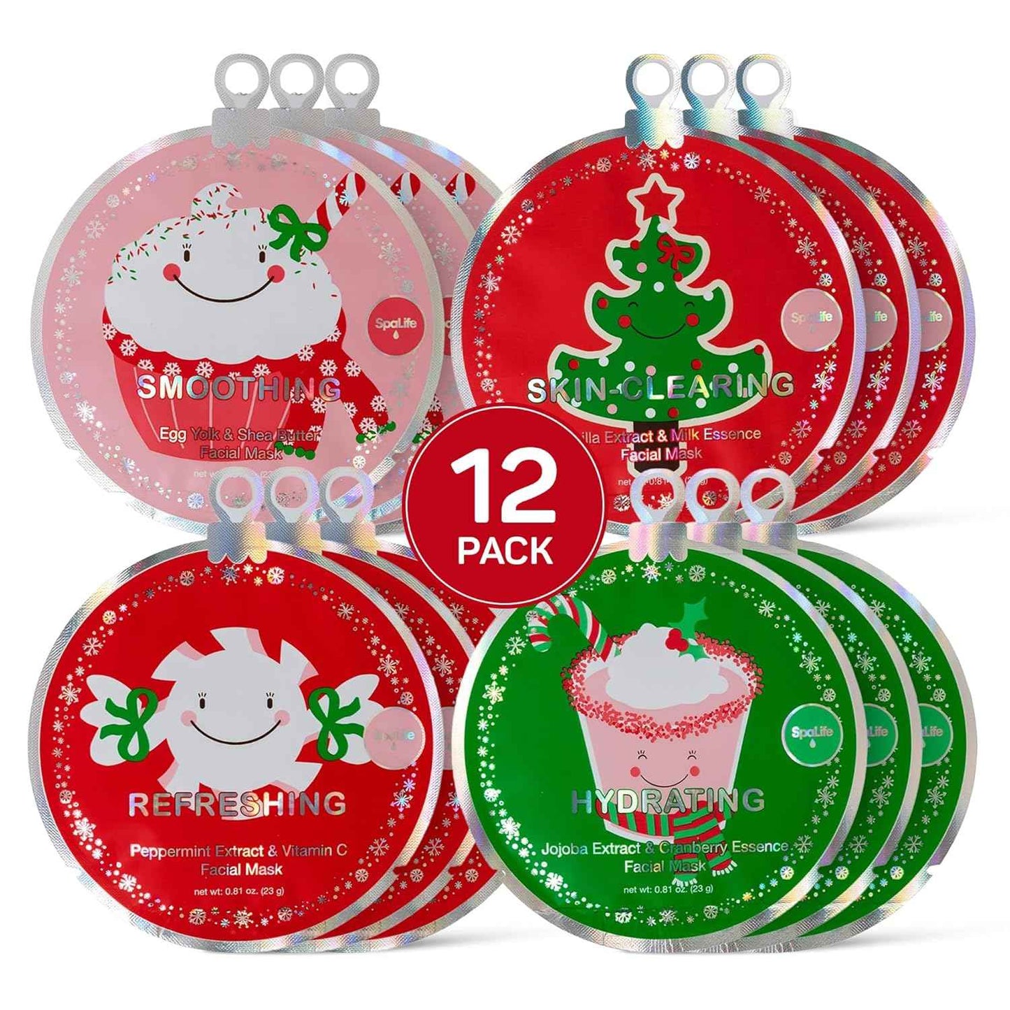 SpaLife Beauty Holiday Treats Christmas Face Mask Bundle | Korean Facial Mask | Hydrating, Soothing and Moisturizing Sheet Mask Set | Stocking Stuffers for Women | Bulk Christmas Gifts | 12 Pack