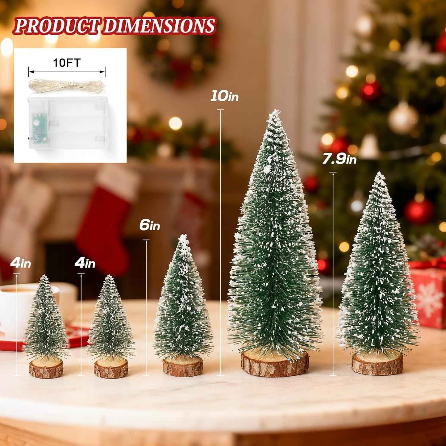 Mini Christmas Tree with Lights, Small Table Top Decorations, Desktop Miniature Pine Tree Xmas Holiday Decor Indoor Home, Bottle Brush Trees with Wooden Base, 5 Pcs with Light