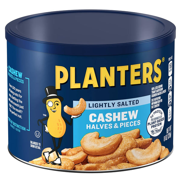 PLANTERS Lightly Salted Cashews - Cashew Halves & Pieces, Plant-Based Protein, 8 Oz Canister