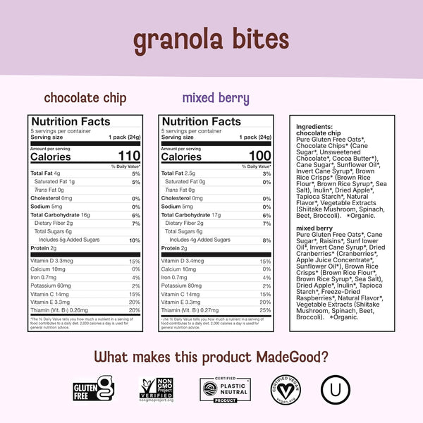 MadeGood Granola Bites Chocolate Chip & Mixed Berry Variety Pack, 28 Count, Gluten Free and Organic Snacks