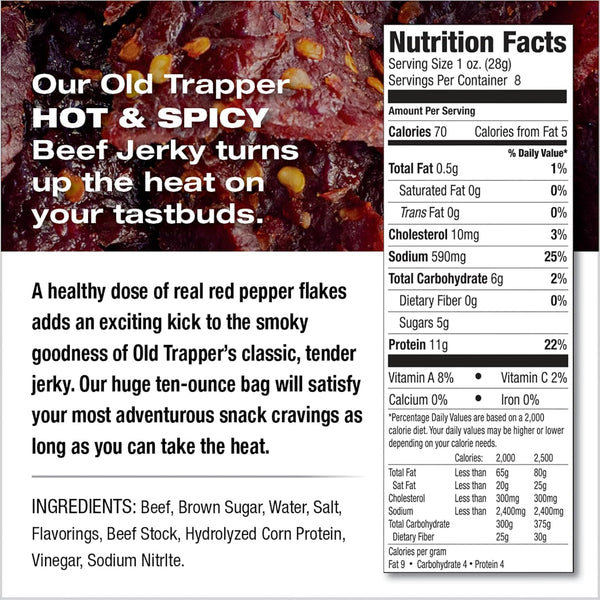 Old Trapper Beef Jerky, Hot & Spicy, 8 Ounce Individual Pack, 11 Grams of Protein, 70 Calories per Serving