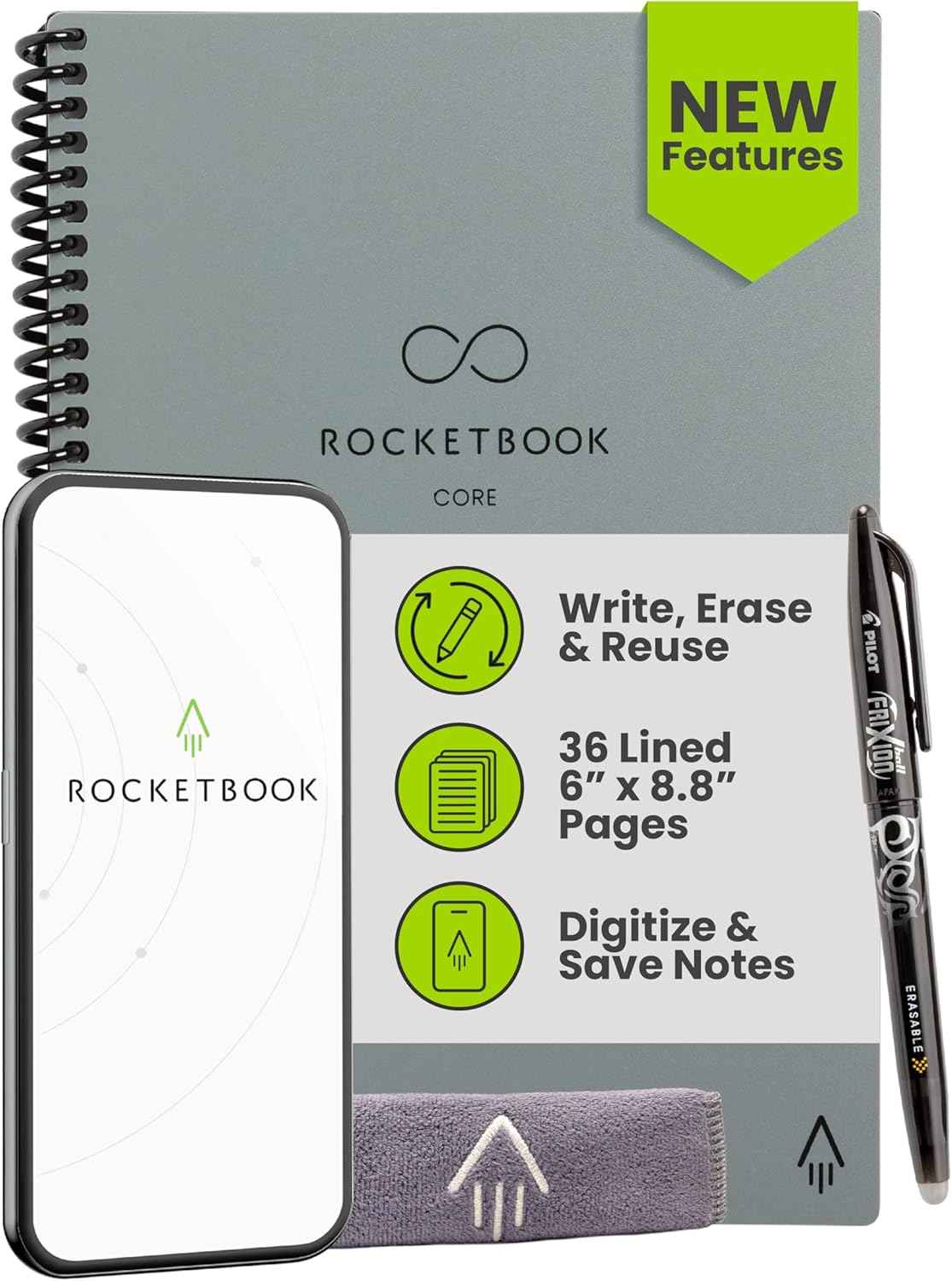 Rocketbook Core Reusable Smart Notebook, Lined Pages For School, Work and Creative Projects, Letter Size 8.5x11, Black - Premium